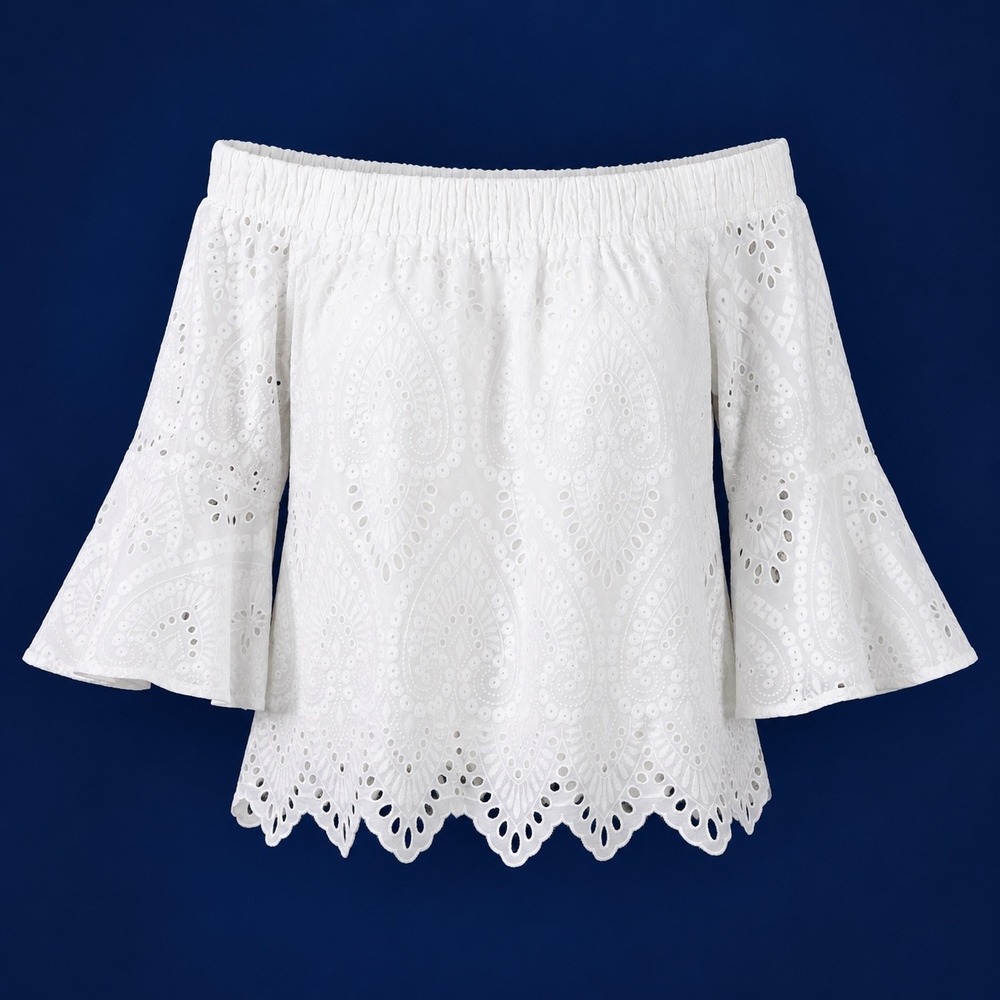 Trina Turk white Eyelet Off Shoulder Bell Sleeve Top Cottagecore Prairie Coastal